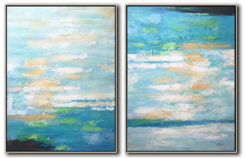 Abstract Painting Extra Large Canvas Art,Set Of 2 Abstract Painting On Canvas,Oversized Art,Blue,White,Yellow,Green.etc